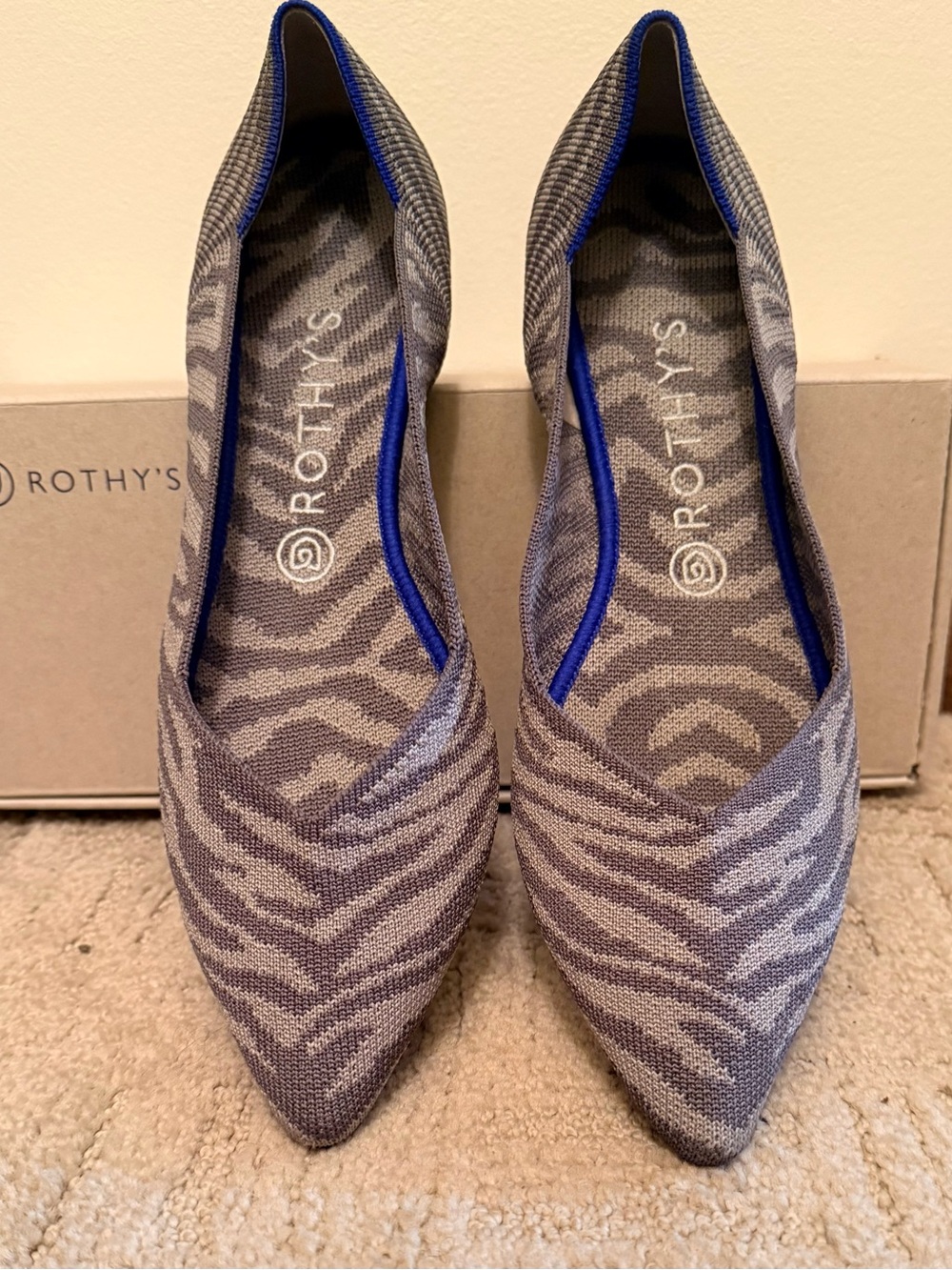 Rothy's Zebra-Print Pointed Knit Flats in Gray